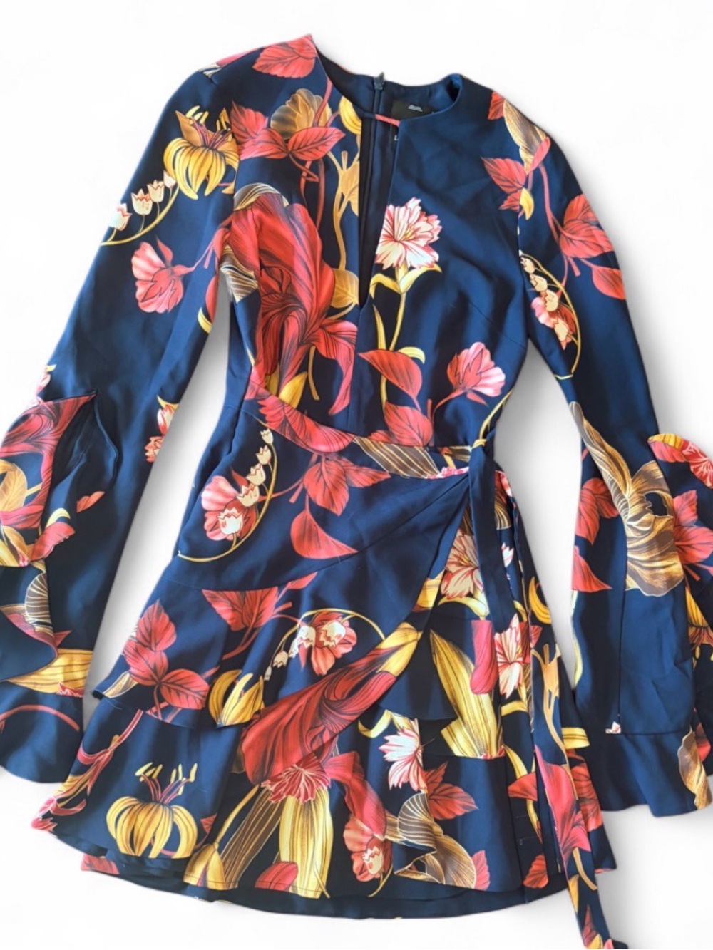 C/MEO Collective Navy Floral Tie-Waist Dress with romantic sleeves